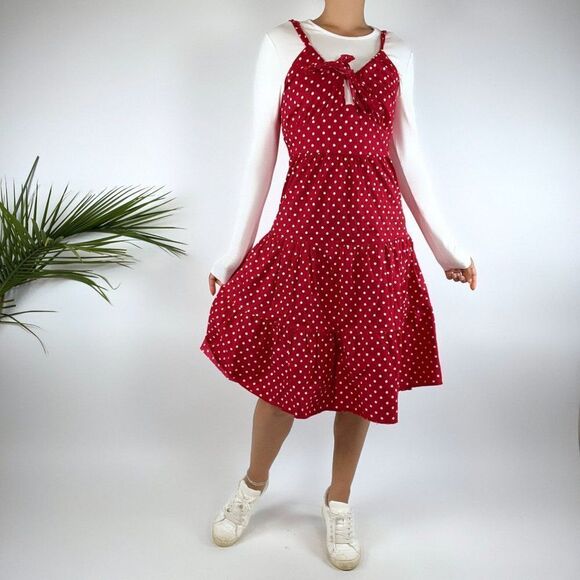 Vintage Y2K Twee Pin Up Red & White Polka Dot A Line Midi Dress / Size: Large - Picture 3 of 4